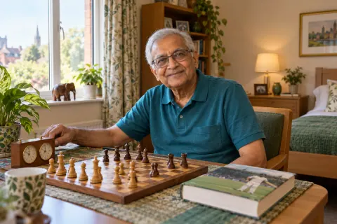AI-created Raj Mehta, aged 77, in The Cedar Room, a fictional residential-care room in Leicester.