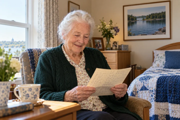 AI-created Audrey McKenzie, aged 85, in The Lakeside Room, a fictional residential-care room in Kingston.
