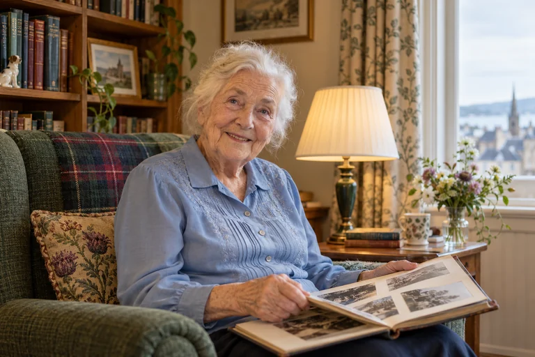 AI-created Jean McAllister, aged 90, in The Bookbinder Room, a fictional residential-care room in Dundee.