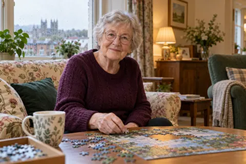 AI-created Nora Pritchard, aged 79, in The Rowan Room, a fictional residential-care room in Cardiff.