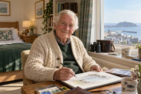 AI-created Thomas Penrose, aged 88, in The Cove Room, a fictional residential-care room in Penzance.