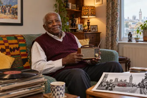 AI-created Daniel Osei, aged 80, in The Radio Room, a fictional residential-care room in London.