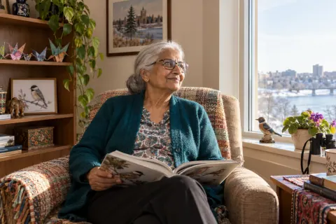 AI-created Susan Patel, aged 81, in The Meadowlark Room, a fictional residential-care room in Saskatoon.