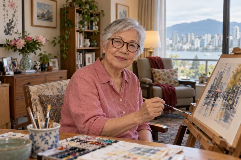 AI-created Lillian Wong, aged 79, in The Watercolour Room, a fictional residential-care room in Vancouver.