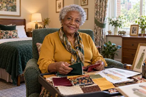 AI-created Beatrice Okafor, aged 81, in The Marigold Room, a fictional residential-care room in Birmingham.