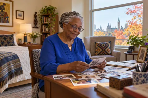 AI-created Grace Adebayo, aged 75, in The Archive Room, a fictional residential-care room in Ottawa.