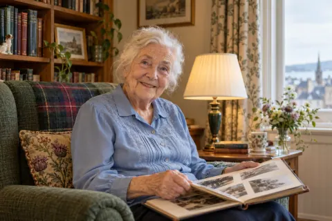 AI-created Jean McAllister, aged 90, in The Bookbinder Room, a fictional residential-care room in Dundee.
