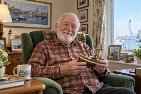 AI-created George Bennett, aged 86, in The Harbour View Room, a fictional residential-care room in Portsmouth.