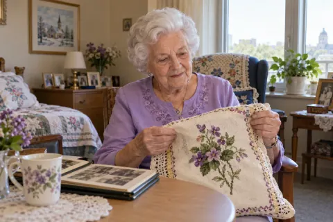 AI-created Irene Desrosiers, aged 90, in The Prairie Rose Room, a fictional residential-care room in Winnipeg.