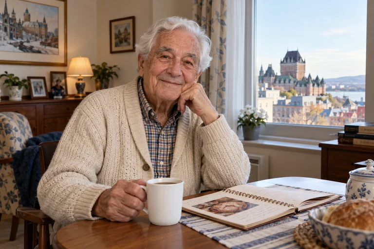 AI-created Arthur Bouchard, aged 86, in The Orchard Room, a fictional residential-care room in Québec City.