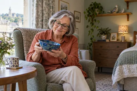 AI-created Evelyn Price, aged 74, in The Kiln Room, a fictional residential-care room in Bath.