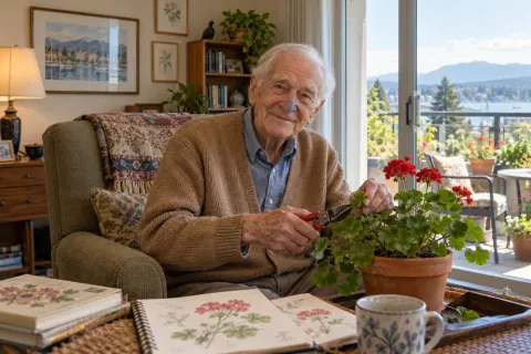 AI-created Edward Wilson, aged 92, in The Garden Room, a fictional residential-care room in Victoria.