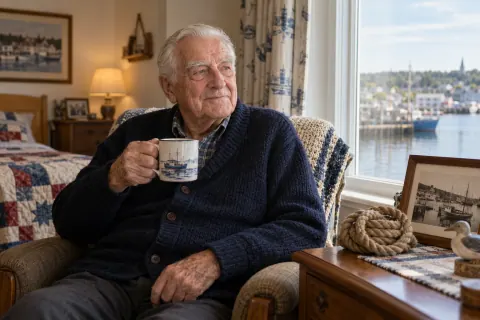 AI-created Francis LeBlanc, aged 88, in The Tidal Room, a fictional residential-care room in Yarmouth.