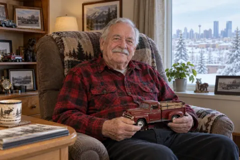 AI-created Douglas Campbell, aged 83, in The Foothills Room, a fictional residential-care room in Calgary.