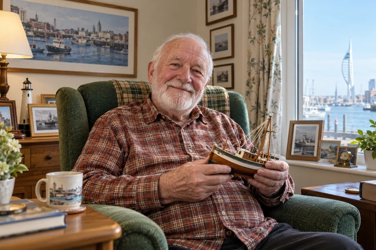AI-created George Bennett, aged 86, in The Harbour View Room, a fictional residential-care room in Portsmouth.