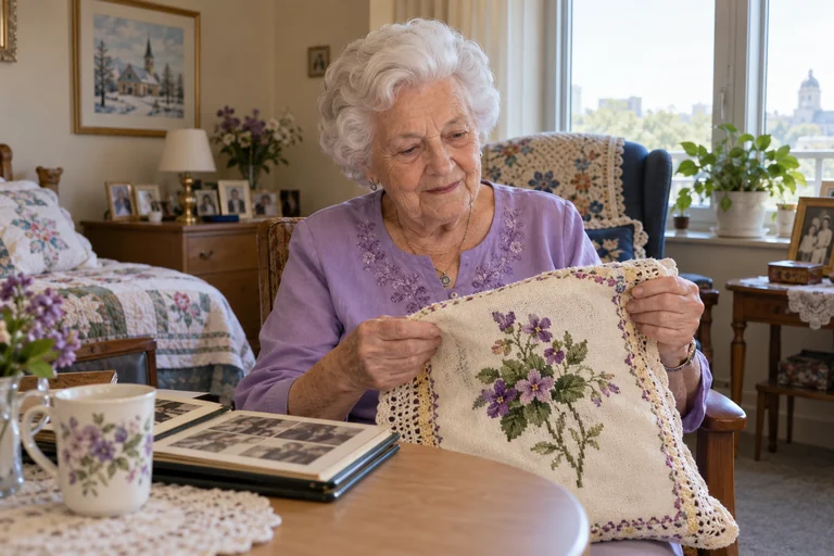 AI-created Irene Desrosiers, aged 90, in The Prairie Rose Room, a fictional residential-care room in Winnipeg.